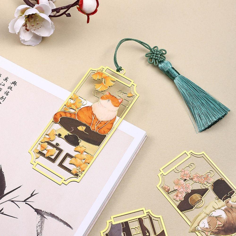 Cat Hollowed Cat Bookmark Flower Chinese Style Metal Reading Bookmark Creative Tassels Chinese Style Bookmarks Teachers'Day Gift