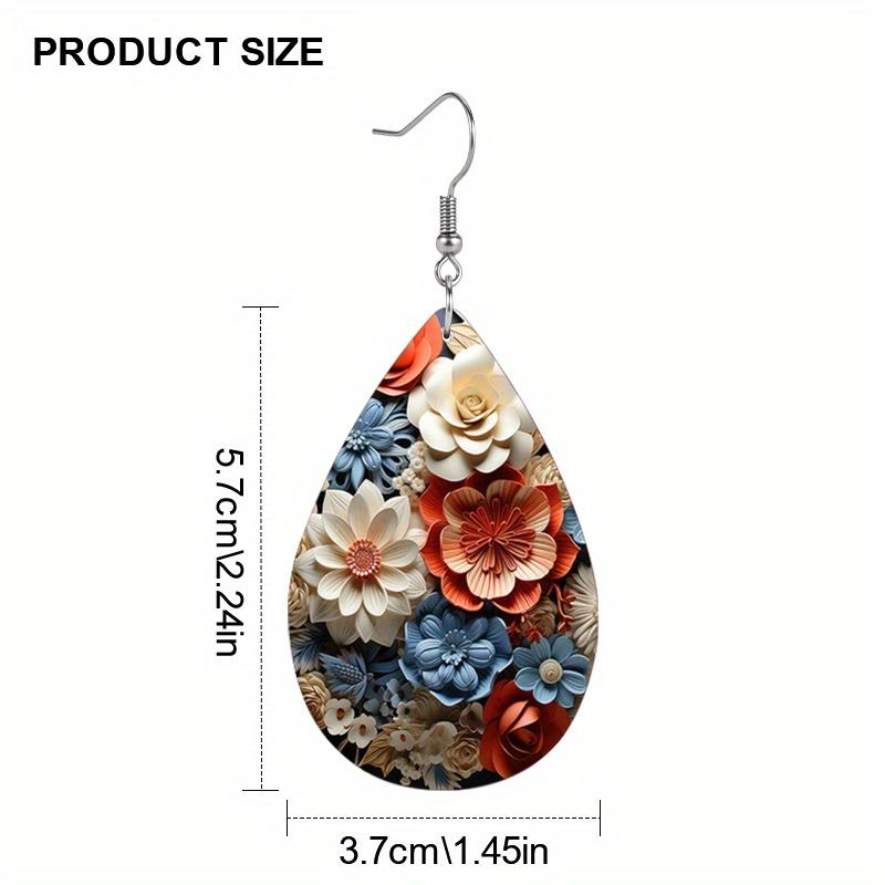 Boohemia Style Clorful Streamer Print Waterdrop PU Earrings for Women Girls Flowert Pattern Dangle Earrings Party Decorations