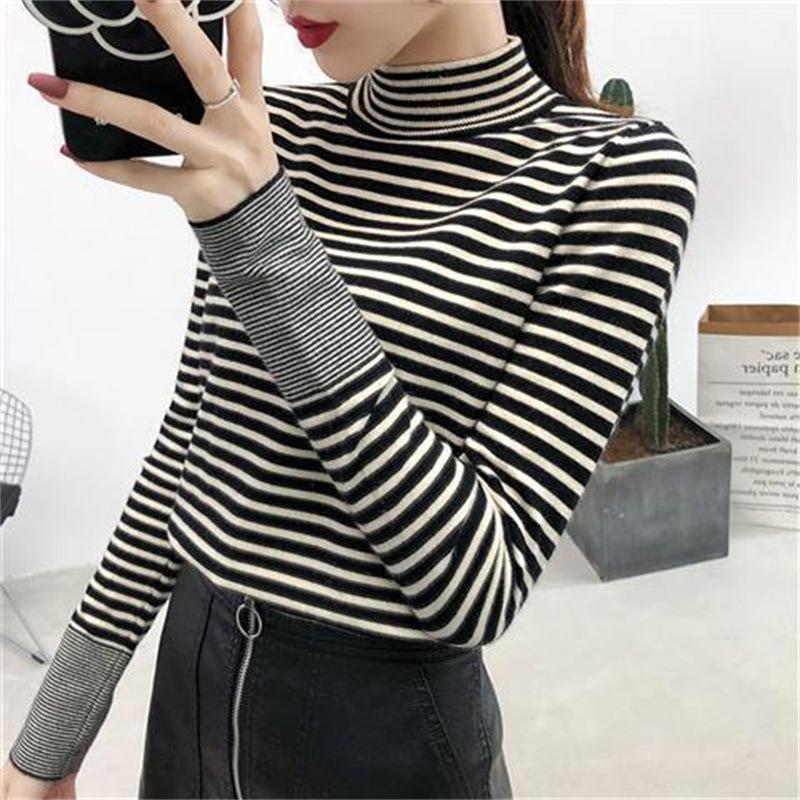 Осень-зима, новая полосатая вязаная нижняя рубашка с полувысоким воротником, женский свободный внутренний пуловер, свитер, топ