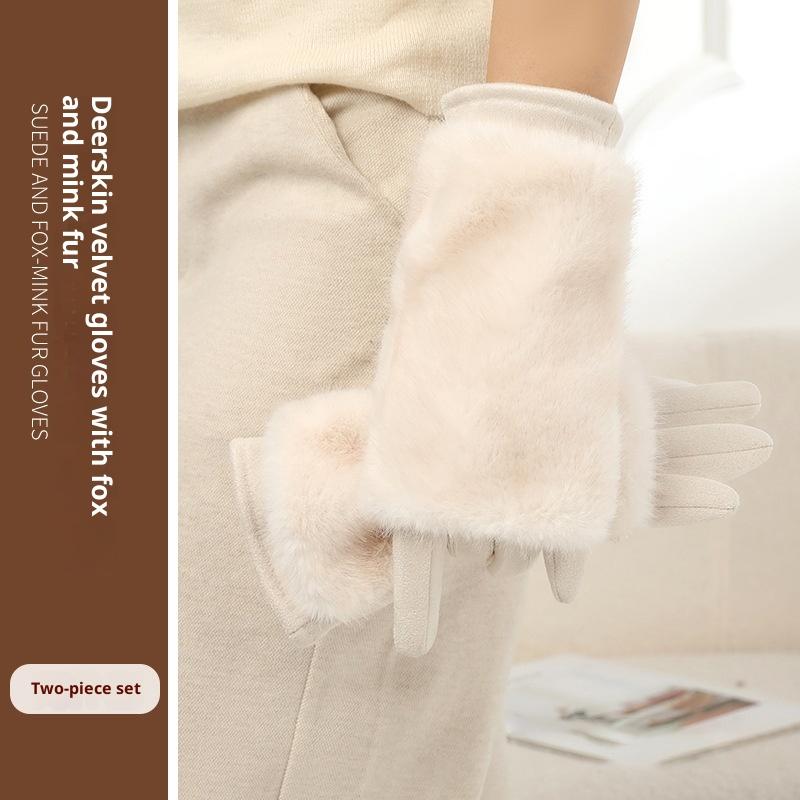 Женские осенне-зимние перчатки из кроличьего меха плюс бархатные утолщенные ветрозащитные и теплые перчатки для верховой езды, устойчивые к холоду, замшевые перчатки с сенсорным экраном