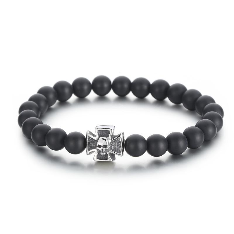 Европейский и американский матовый черный браслет из агата, белая сосна, тигровый глаз, камень, крест, полка, череп, титановая сталь, мужской браслет из бисера