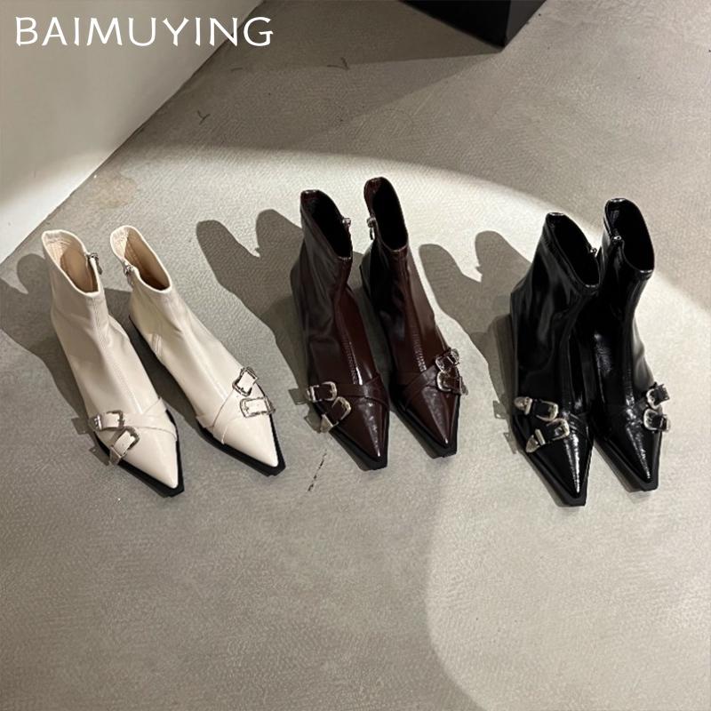 Chunky Leather Women Ankle Boots Pointed Toe Sexy Designer Mid Heels Winter Shoes 2025 Trend Fashion Pumps Goth Botas De Mujer