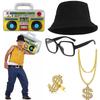 80s 90s Hip-Hop Flamboyant Punk Dollar Sign Ring 80s 90s Costume Outfit Set Hat Dollar Necklace Rock Star Glasses for Boys Girls