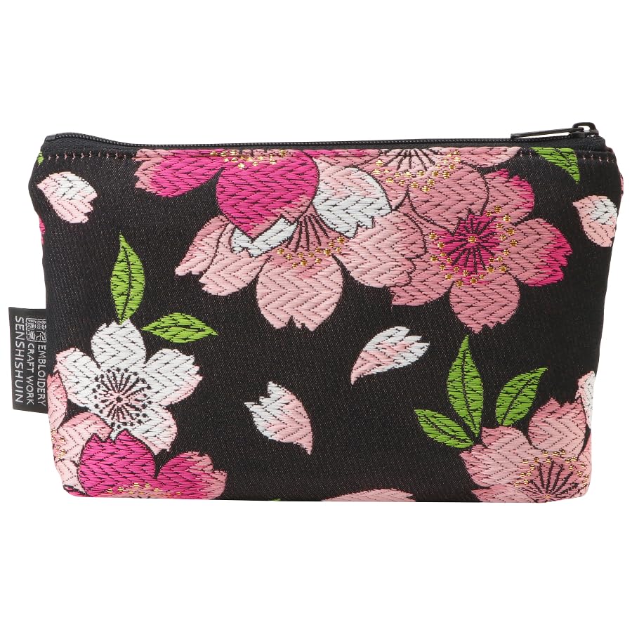 Senshishuin Nishijin Brocade Pouch with Black Love Cherry Blossom Design (Lined) (Small)