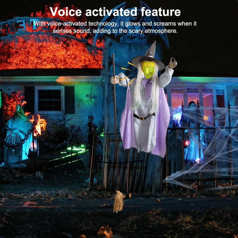 Halloween Flying Witch Decoration Outside Horror Spooky Flying Witch With Sounds Lights Garden Haunted House Decor Prop