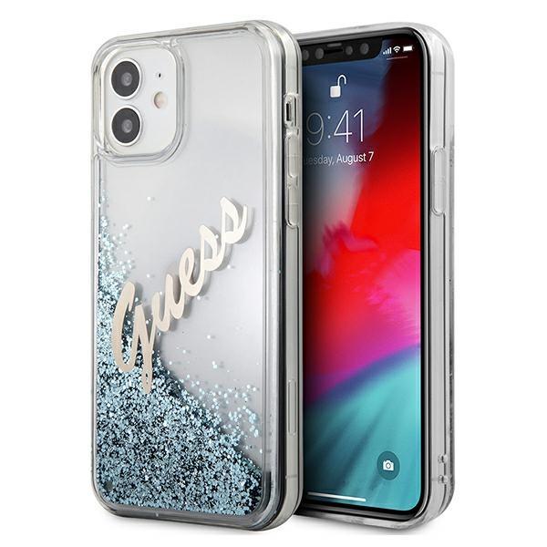 Etui do iPhone 12 mini Guess Glitter Vintage Script Niebieskie