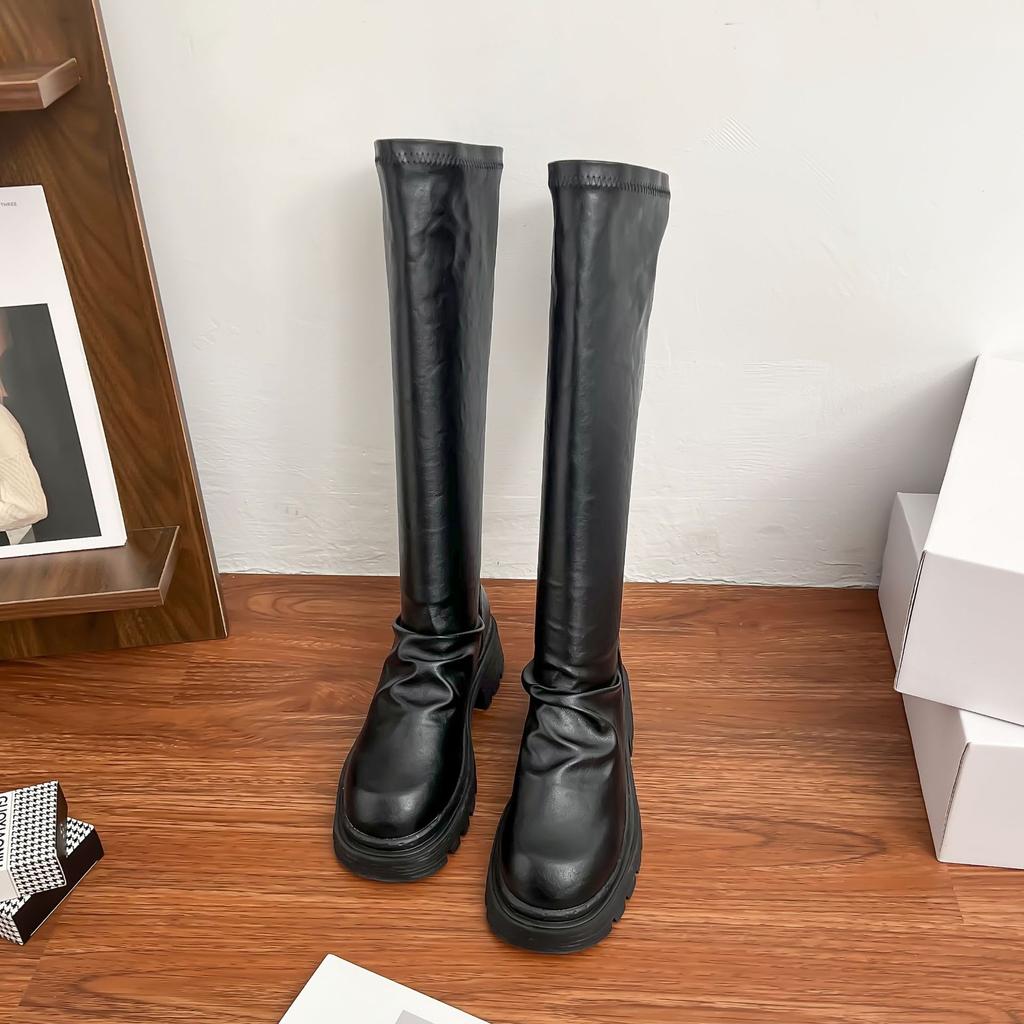 Виноградные Мамины Сапоги Женские Длинные Сапоги Женские Плиссированные Узкие Сапоги Маленький Мужчина Толстая Подошва Увеличенные Сапоги на Молнии Женские