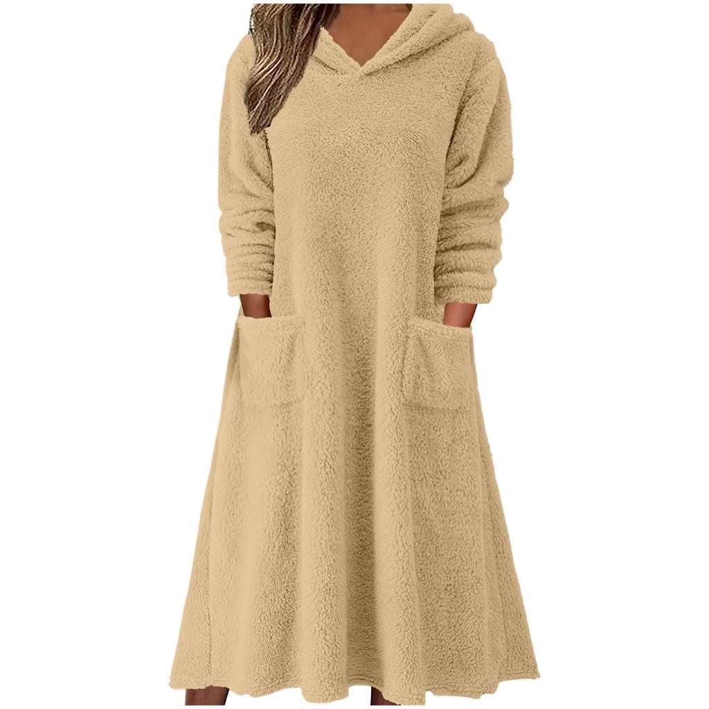 Women's Fuzzy Fleece Hoodies Dress, Warm Winter Loose Long Sleeve Casual Soft Dresses with Pockets