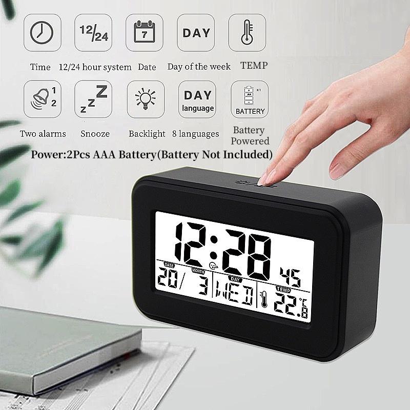 Battery Powered Mini Digital Alarm Clock With Backlight Temperature Date Week Snooze Table Clock 12/24H LCD Electronic Clock