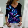 Purple Flowers Print Women Tshirts Ladies Tops Long Sleeve V-neck Pullover Femme T-shirts T Shirt For Women