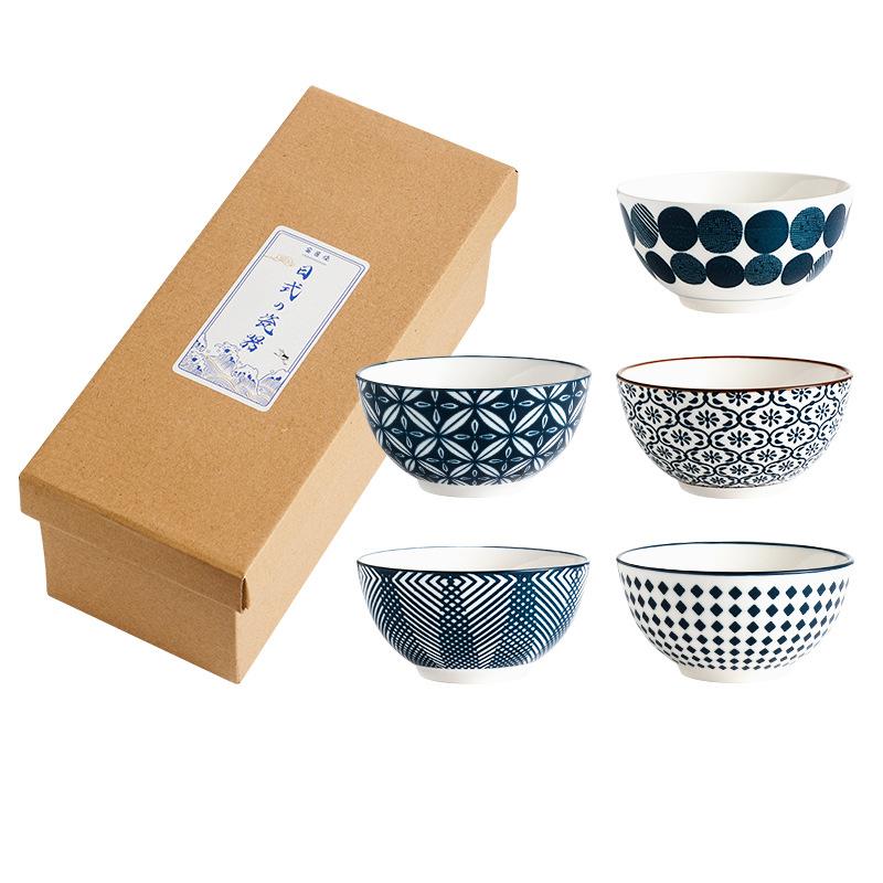 Набор из 5 мисок, керамические миски для обеда, 4,5-дюймовая синяя фарфоровая миска для рисового супа, овсянки с подарочной коробкой, подходит для микроволновой печи