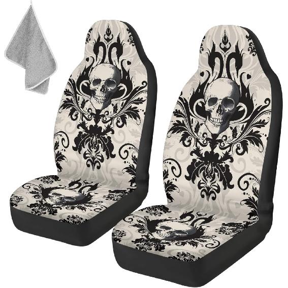 Gothic Skull Car Seat Covers Highback Bucket Seat Cover Universal Front Bucket Seat Cover,2pcs Universal Fit, Halloween Bat Auto Accessories