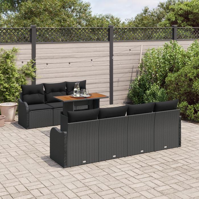 VidaXL Ensemble de Canapés de Jardin de 8 Pièces avec Coussins Noir Rattan Synthétique Acacia 3349421
