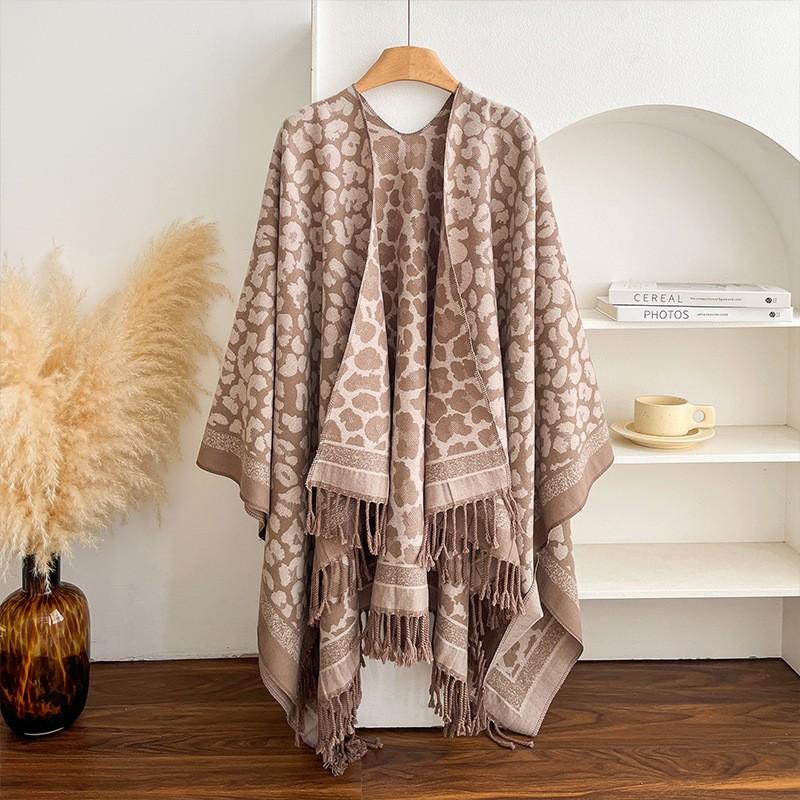 Womens Leopard Print Fringe Split Shawl Runway Fashion Cape Warm Winter