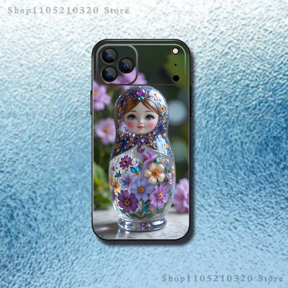 Чехол для телефона Матрешка для iPhone 17,16,15,14,13,12,Pro,Max,Plus,E,SE4,Air,Mini Черный Мягкий