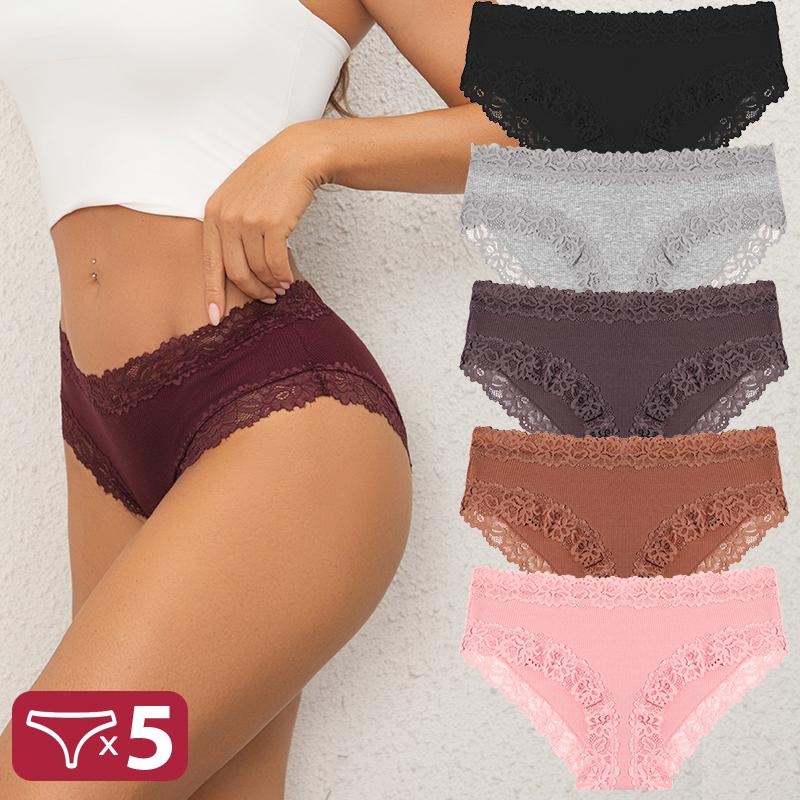 FINETOO 5 шт. Хлопковые трусики Женские трусы с цветочным кружевом Бесшовное сексуальное нижнее белье С низкой посадкой Эластичные трусы Женские Дышащие Мягкие
