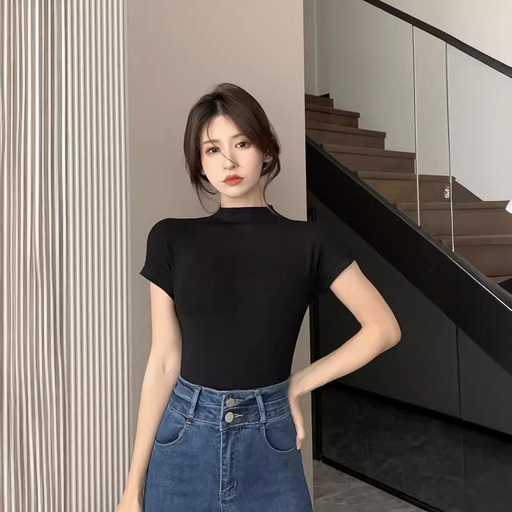 Футболка с высоким воротом и короткими рукавами для женщин, летняя, облегающая, с тонким низом, с ученическим топом внутри