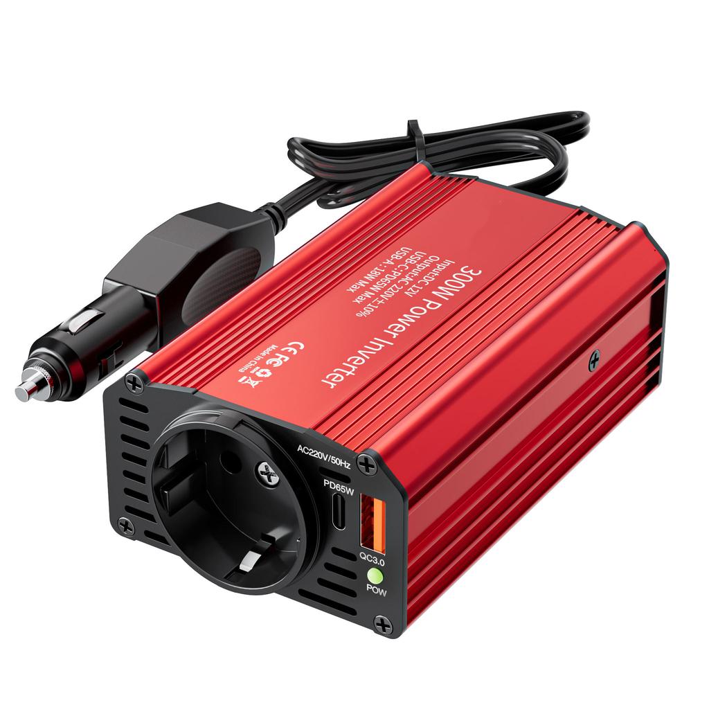 300W Single Phase Car Use Power Supply Inverter with EU Socket DC12V to AC220V/110V Output USB QC3.0 + PD65W Fast Charging
