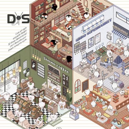 4 Sets DIY 3D House Stickers with Tweezer Make Your Own Mini Room Scene Supermarket Coffee Shop Restaurant Bookstore Scene Stickers Adult Kids Stress