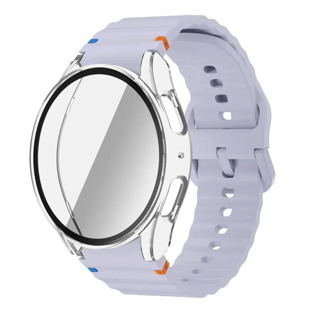 Чехол+Ремешок для Samsung Galaxy Watch 7 6 5 4 40мм 44мм Силиконовый Браслет Защитная Пленка для Экрана из Закаленного Стекла Бампер