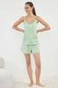 Women's Fashion Green 100% Cotton Polka Dot Ribbon Bow Rope Strap Knitted Pajama Set