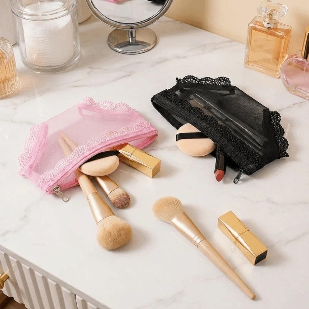 Korean Style Mesh Toiletry Bag Lace Trim Makeup Storage Pouch Jewelry Organizer for Travel