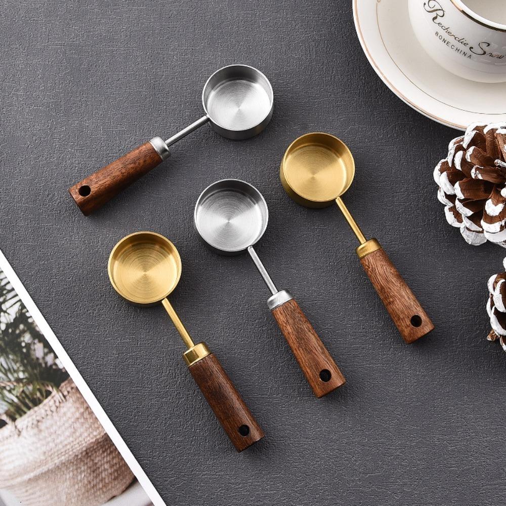Flat Bottom Stainless Steel Measure Spoon with Wood Handle Kitchen Measure Tools  Condiments