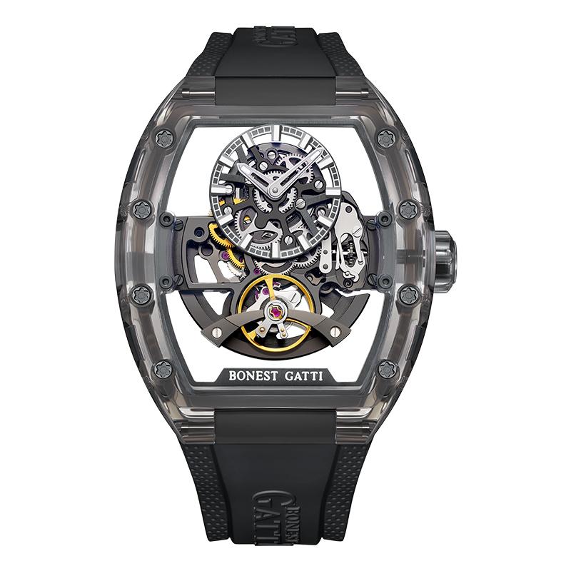 BONEST GATTI New Men Mechanical Watch Tonneau Crystal Case Skeleton Rubber Strap Light Luxury Luminous Wristwatch for Men