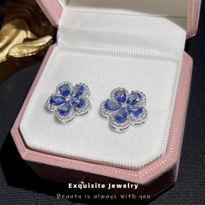 Ретро синие цирконы цветок серебряная игла пусеты персонализированные изысканные серьги