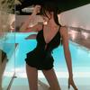 Black Deep V Lotus Leaf Edge Premium Sense Pure Wind Solid Color One-piece Swimsuit Women's Small Breasts Backless Hot Spring Sexy Big Breasts