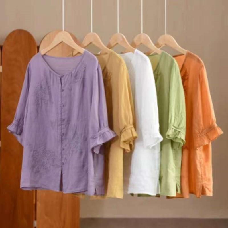 Johnature Women Chinese Style Embroidery Floral Shirts O-Neck Half Sleeve Tops Summer Loose Solid Color Shirts