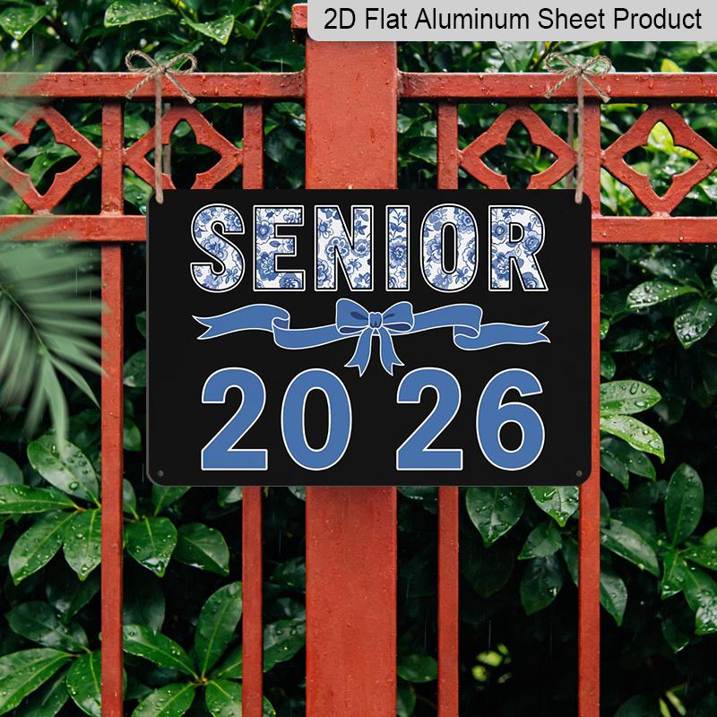 2D Flat, 1pc Senior 2026 Aluminium Sign 8x12 Inch - Blue Porcelain Floral Letter & Bow Design, Class of 2026 Graduation Decor, Senior Year Wall