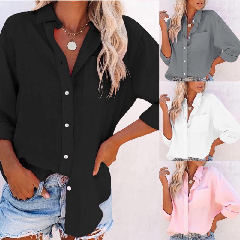 European & American Women's Solid Color Pocket Long Sleeve Loose Blouse