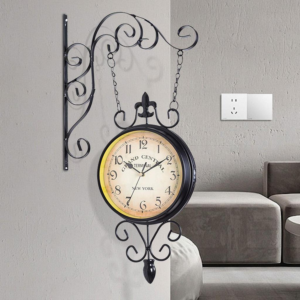 Double Sided Station Clock Garden Retro Design Mute Hanging Wall for Home Outdoor Living