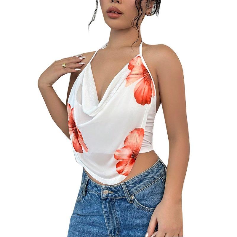 Women Sexy Halter Neck Floral Print Irregular Cropped Cami Top