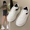 2024 New Women's Platform Shoes Woman Sneakers Lace Up Increased Heel Versatile Low Top Casual Solid Leather Small Waffle Shoes