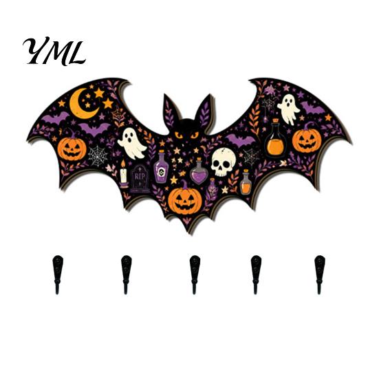 Wood Key Rack for Wall Halloween Bat Shaped Wooden Hook, 2D Mounted Hanging Decor with Entryway Organizer Hooks Pumpkin Ghost Witch Pattern,