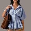 Женская полосатая блузка с баской Летняя с воротником на пуговицах с коротким рукавом, подчеркивающая талию, с плиссированной расклешенной нижней частью, стильный повседневный офисный топ
