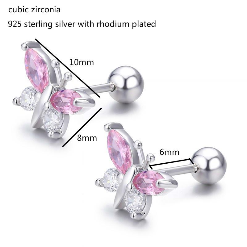 Cute 925 Sterling Silver Butterfly Pink Cz Screw Back Stud Earrings For Women Child Girls Kids Jewellery Orecchini Aros Aretes