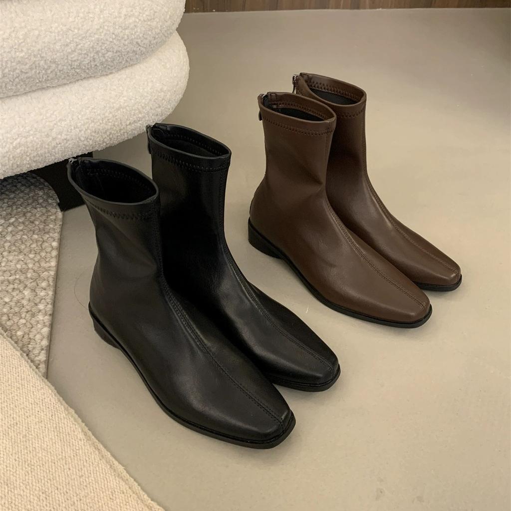 Korean Version of Square Head Thick Heel Rear Zipper Fashion Boots Women's New Products In Autumn and Winter 2025 Fashion Texture Comfortable Short
