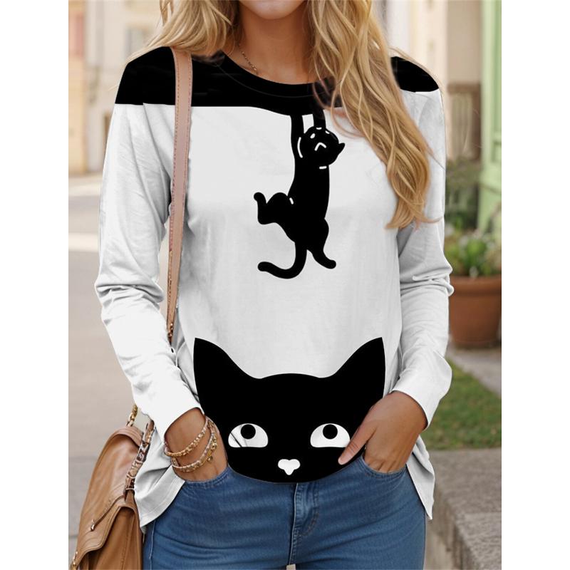 Новые женские футболки с цветным рисунком кота, черно-белые, с длинным рукавом, на каждый день, на выходные, с забавным круглым вырезом, стандартный крой, весна и осень