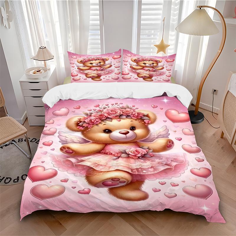 Pink Angel Bear Hearts Print 3Pcs Bedding Setduvet Cover With 2 Bedropillowcase Home Birthday Gift