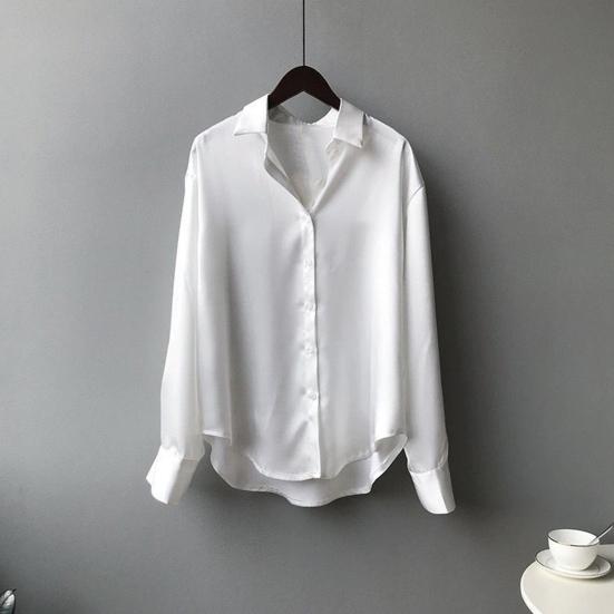 Женская рубашка с лацканами, длинный рукав, однобортная рубашка, однотонная, гладкая, атласная, свободного кроя, повседневная рубашка