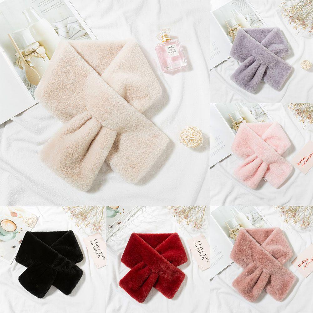 Elegant Winter Warm Faux Rabbit Fur Plush Neckerchief Wrap Neck Warmer Solid Color Cross Scarf