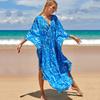 Plus Size Boho Cover Up, Women's Plus Painting Print Bat Sleeve V Neck Split Hem Maxi Cover Up Dress