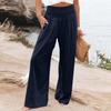 Summer Cotton Linen Wide Leg Pants Women Loose Palazzo Pant Pocket Elastic Waist Button Casual Pants