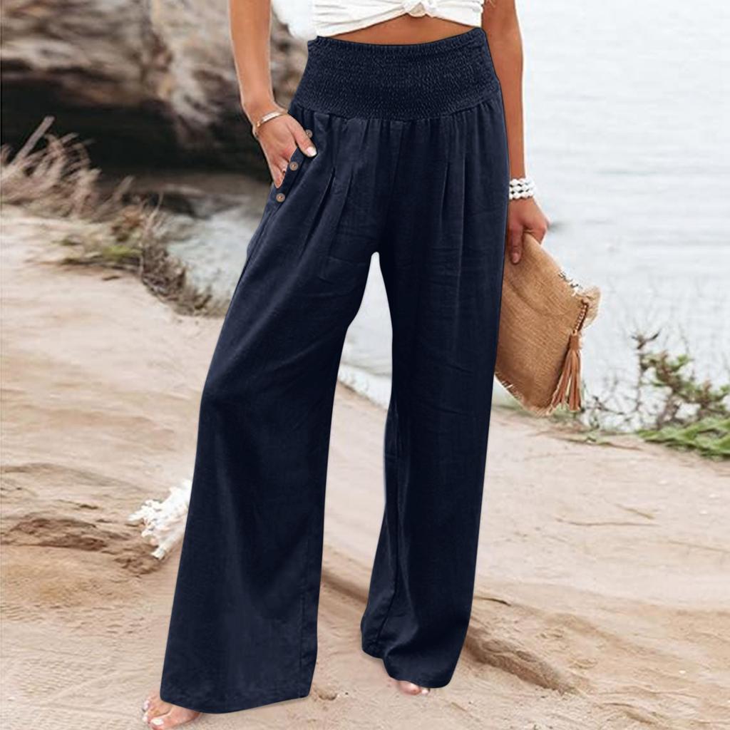 Summer Cotton Linen Wide Leg Pants Women Loose Palazzo Pant Pocket Elastic Waist Button Casual Pants