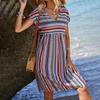Летний стиль в стиле «отпуск-богем», модное повседневное платье в полоску с V-образным вырезом