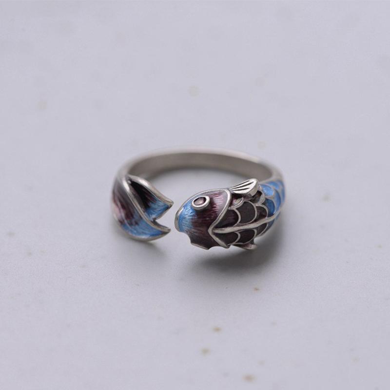 Simple Temperament Koi Ring, Enamel Creative Design Adjustable Ring, Ladies' White Auspicious Jewelry