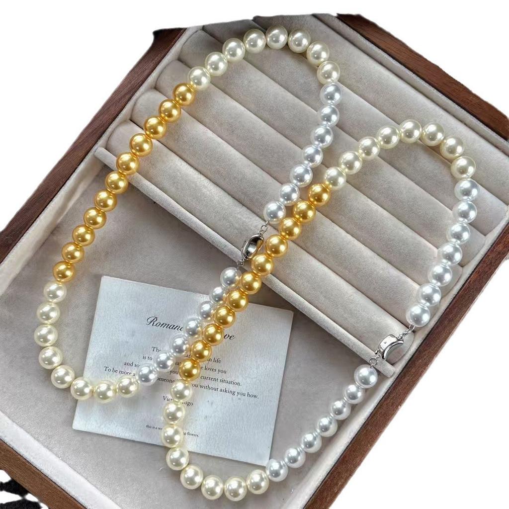 10Mm Retro High Quality Artificial Crystal Mixed Color Gradual Change Gold Pearl Necklace Collarbone Chain